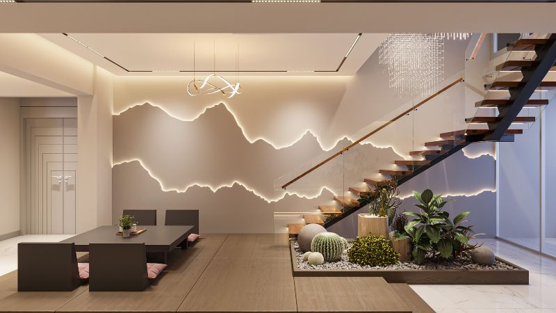 Sal&oacute;n con detalles de iluminaci&oacute;n